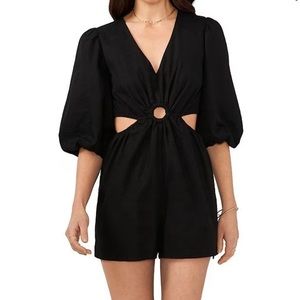 1 State black 3/4 Sleeve V-Neck Linen Cutout Ring Detail Romper